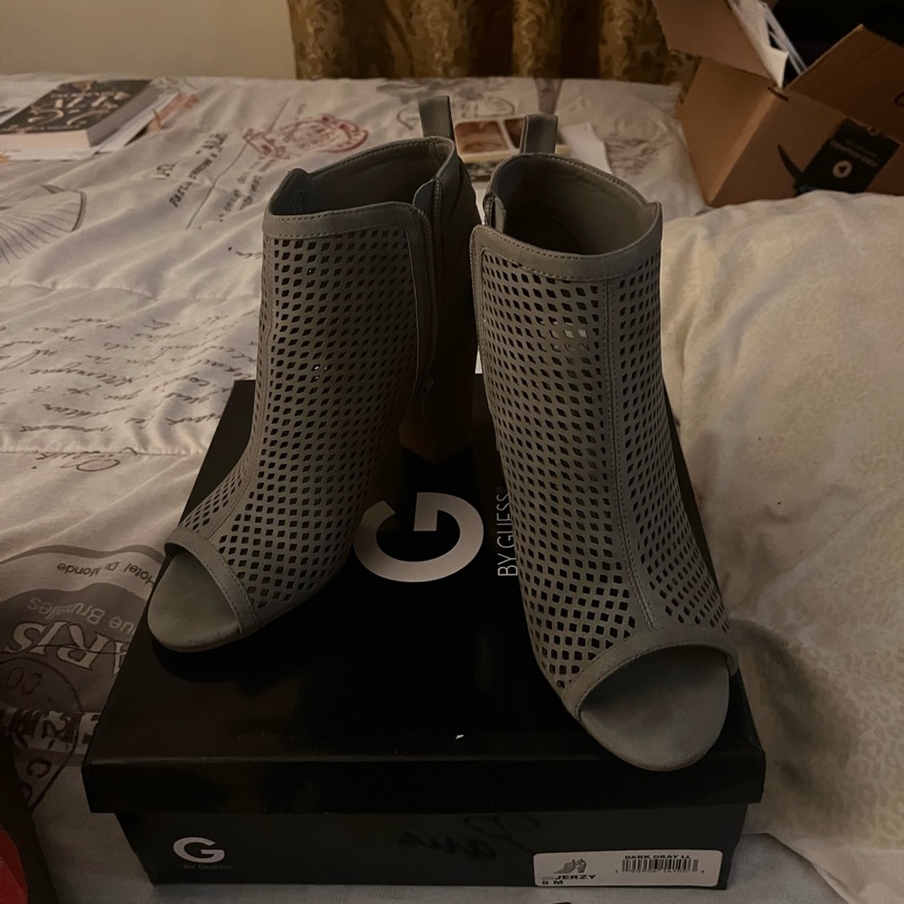 Gray open toe guess heel booties